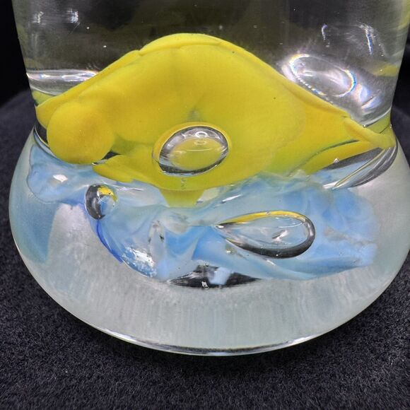 Joe St. Claire Glass Paperweight Bell Yellow and Light Blue Flowers - Picture 2 of 10